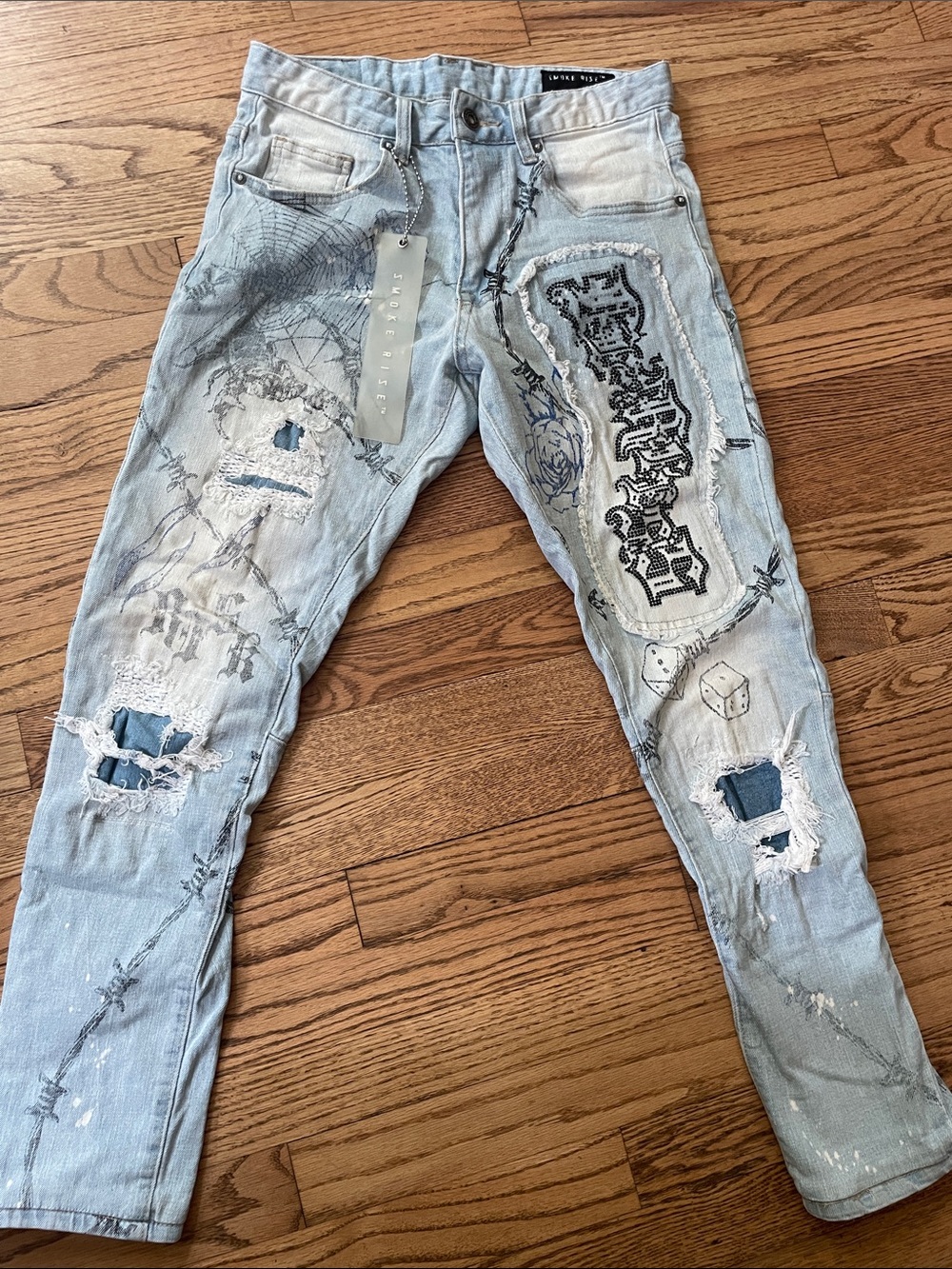 Light Blue Skinny Men’s Jeans with Graphic Patchwork by SMOKE RISE